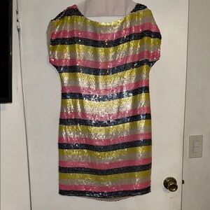 Trina Turk Sequin Striped Mini Dress - Pink, Yellow, Black